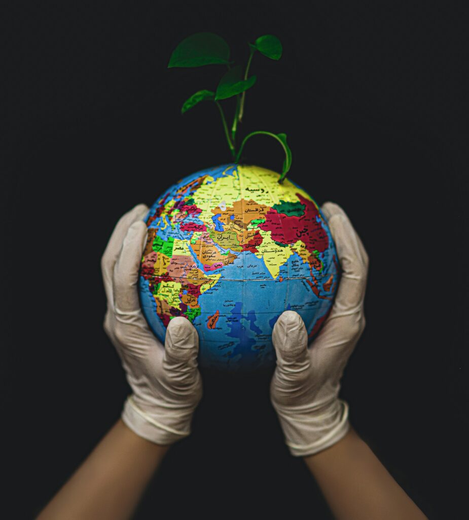 Gloved hands holding a bright colored globe that has a small plant on top.